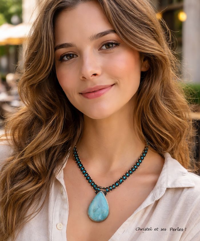 Collier macramé et Amazonite sertie Collier macramé et Amazonite sertie