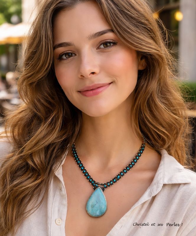 Collier macramé et Amazonite sertie