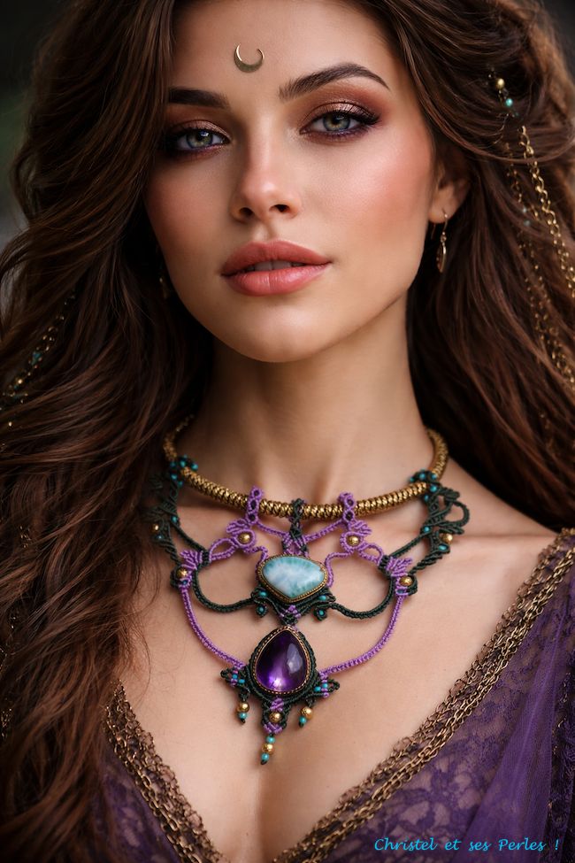 Aphrodite, plastron macramé avec deux pierres fines