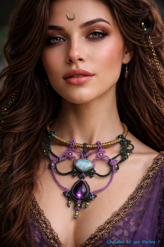 Aphrodite, plastron macramé avec deux pierres fines