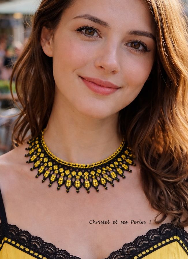 Collier perles tissé, géométrique, Jaune et noir