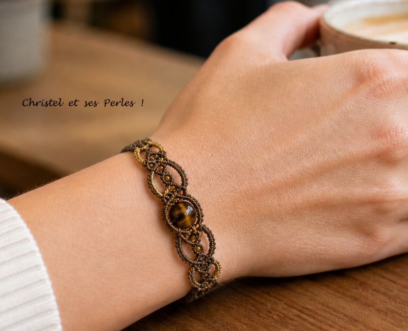 Bracelet macramé dentelle et Oeil de tigre