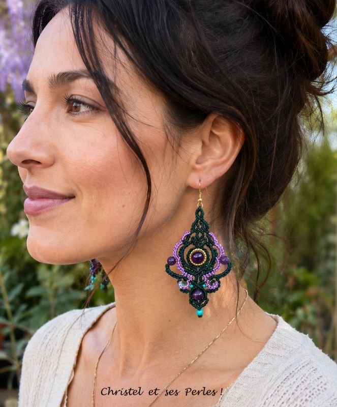 Boucles d'oreilles macramé et Améthyste Aphrodite