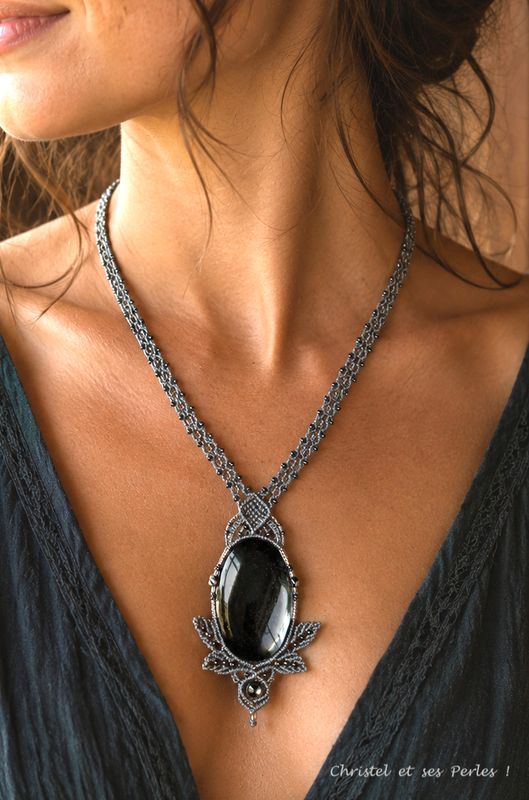 Collier macramé et Obsidienne argentée Elfique