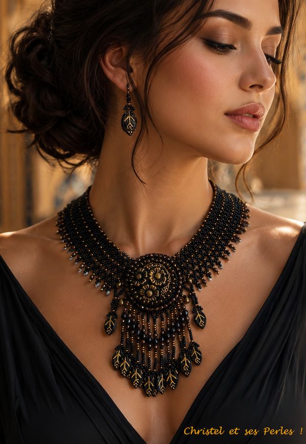 Ispahan, Collier perlé large et baroque, Noir et cuivré
