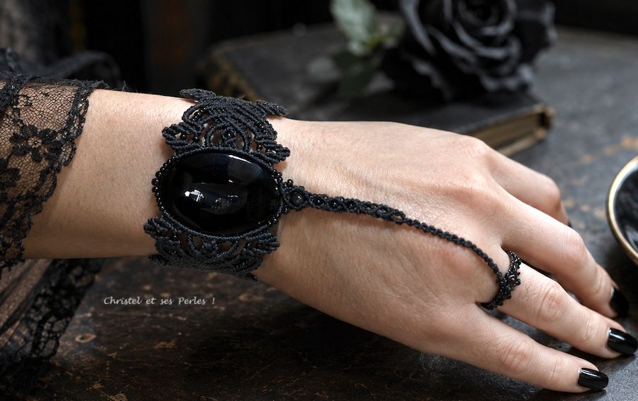 Bracelet bague macramé et Obsidienne noire