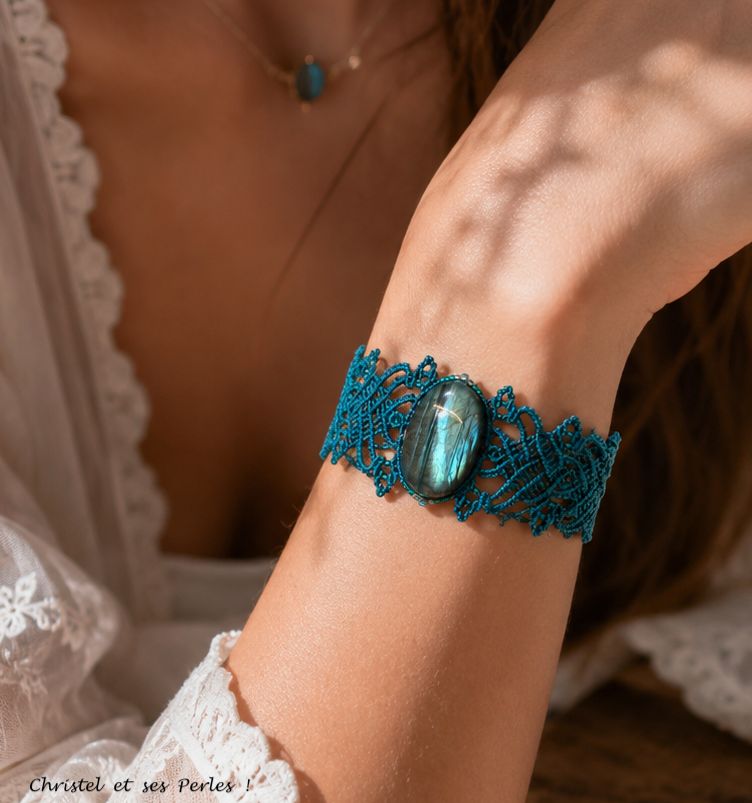 Bracelet macramé feuilles canard, et Labradorite