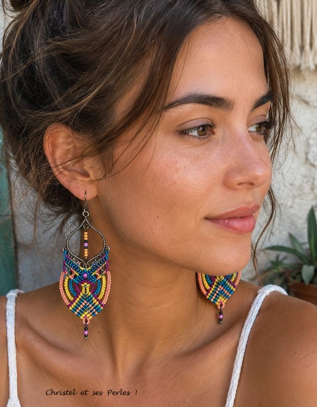 Boucles d'oreilles macramé multicolores