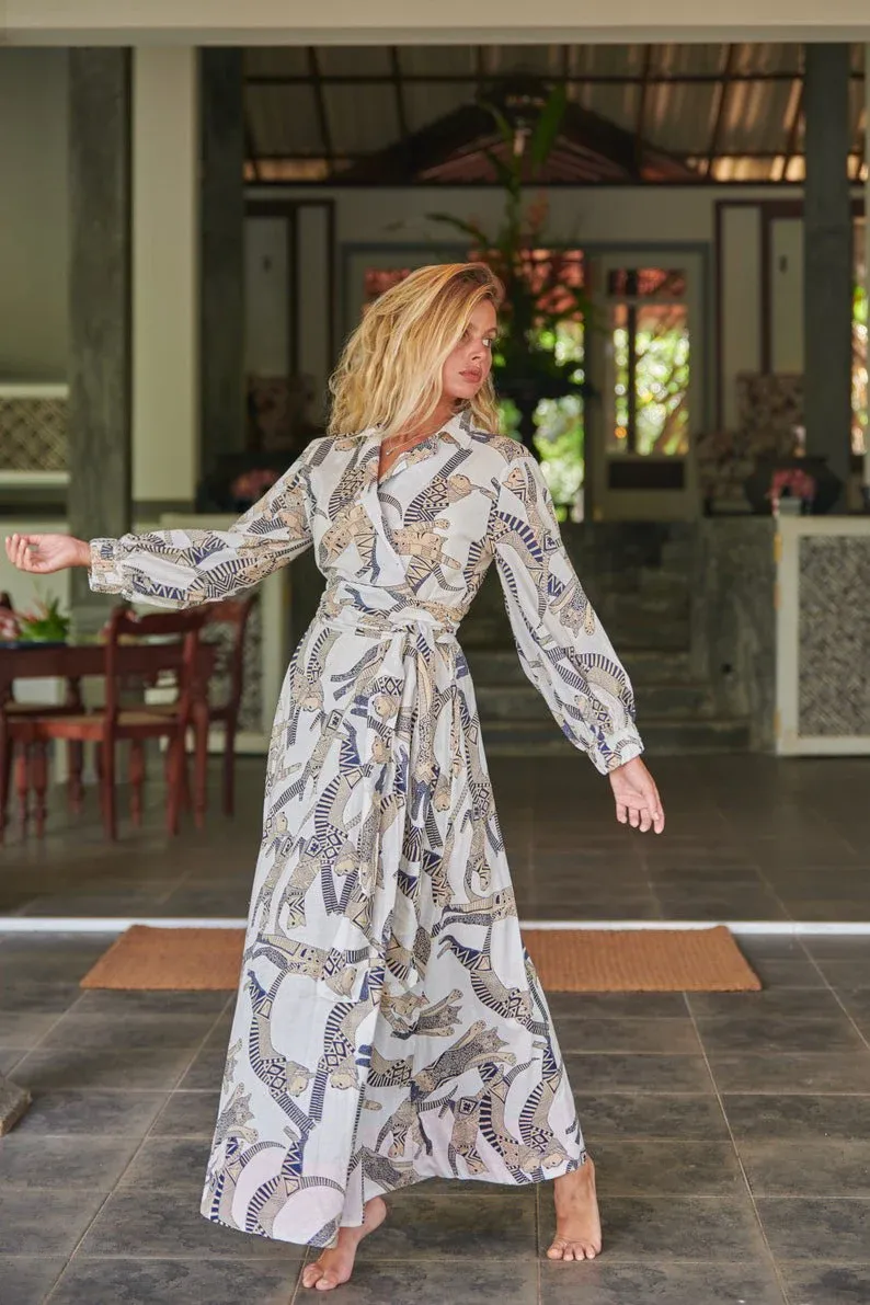Bishop Sleeve Wrap Maxi Dress - Cat Print