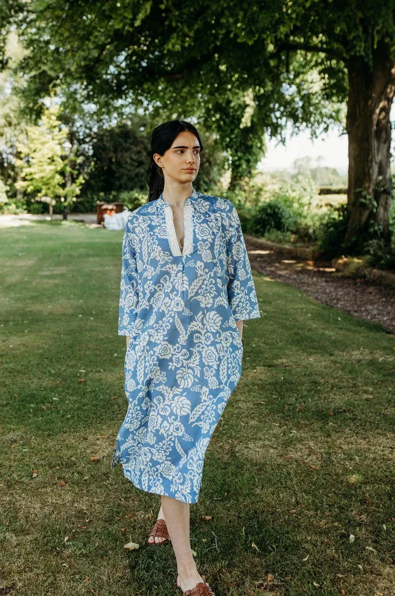Indian bohemian robe, cotton tunic shirt, Moroccan print bikini cover up, resort summer wear, midi tunic, cotton