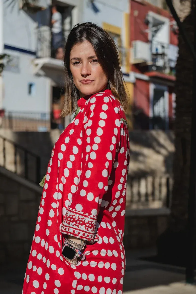 Light tulle bohemian tunic, Moroccan print holiday kurti with pockets, bohemian kurti tunic holiday tunic robe, beach cover up fringe