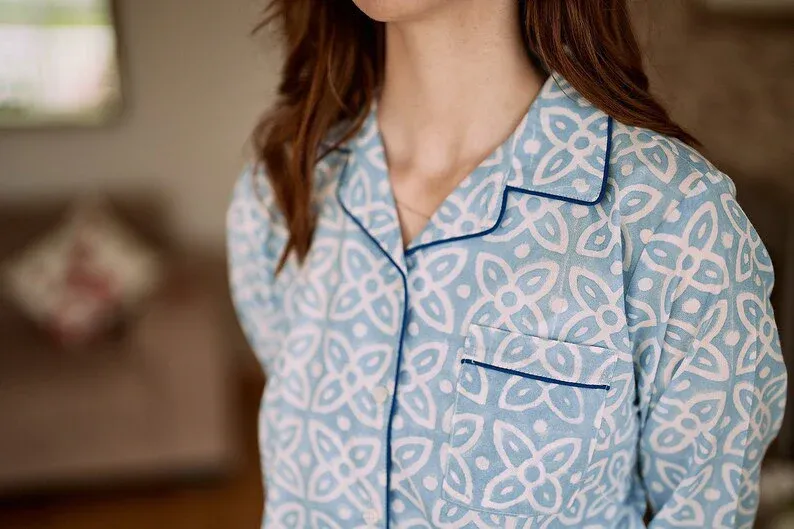 Luxury cotton pajamas, organic cotton hand-printed pajamas, matching two-piece set, baby blue ethically made pajamas, organic cotton loungewear