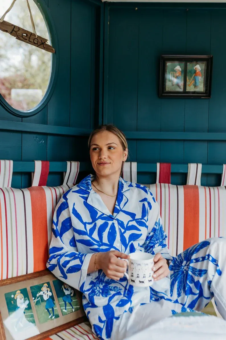 100% cotton palm print pajamas, long sleeve women&#39;s pajama set, ethically sourced pajamas, large size pajamas, comfy organic cotton pajamas, gift