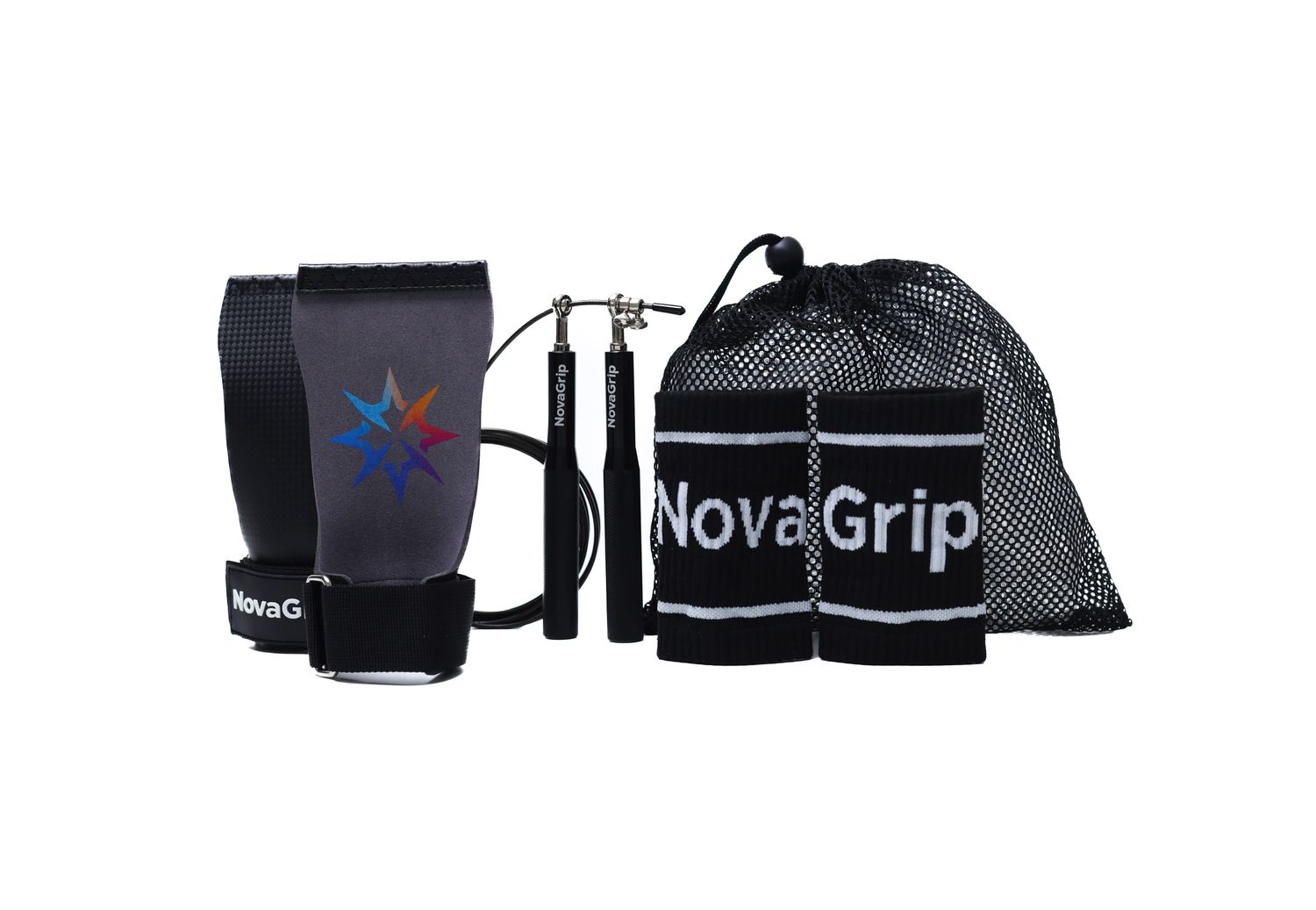 Gotowy zestaw na trening gripy skórki gimnastyczne  wristbandy skakanka woreczek