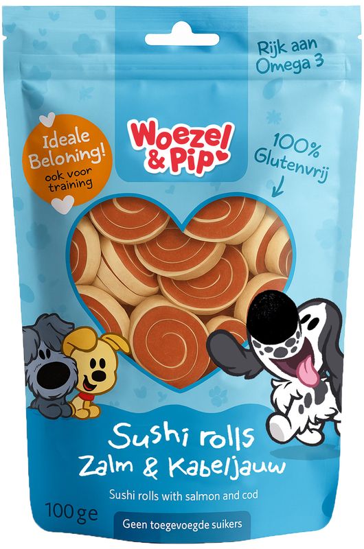Woezel & Pip - Sushi rolls zalm & kabeljauw - 100 gram Woezel & Pip - Sushi rolls zalm & kabeljauw - 100 gram