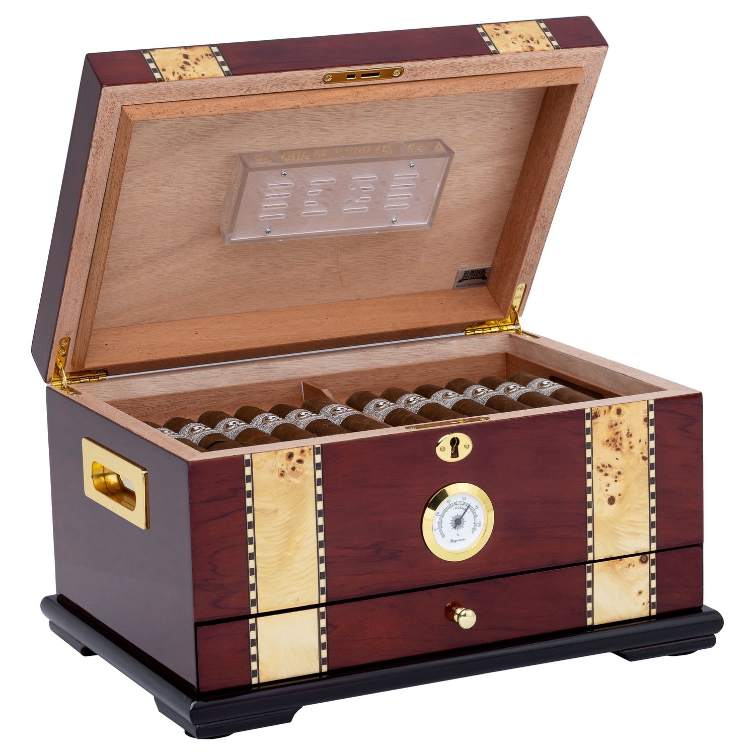 Solana Humidor – Gloss Rosewood with Wood Inlay – 55 to 100 Cigar Capacity
