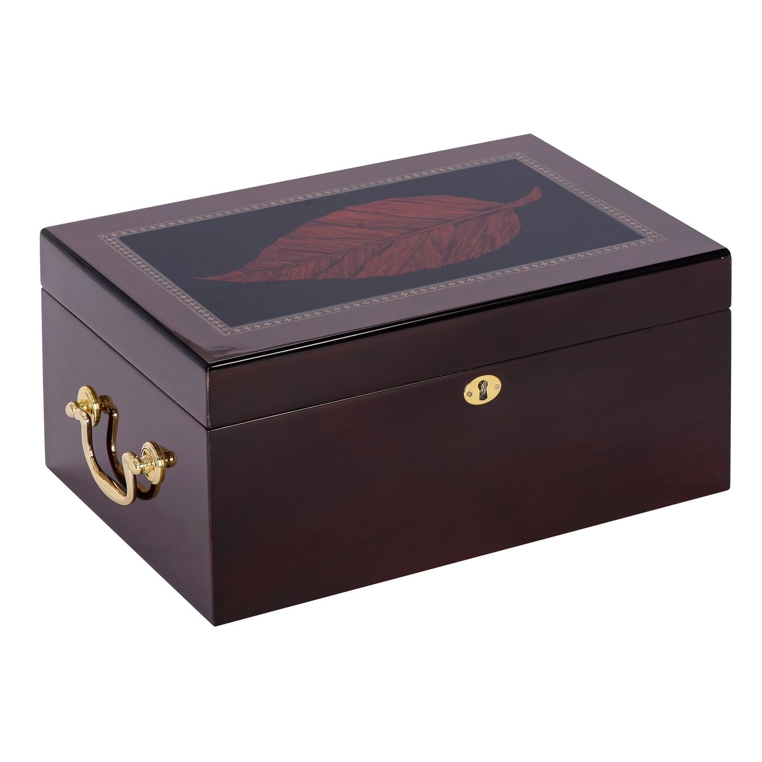 Deauville Humidor – 55 to 95 Cigar Capacity – High Gloss Maple with Tobacco Leaf Inlay