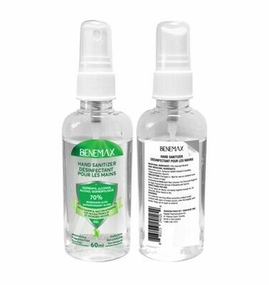 Benemax Hand Sanitizer Spray - 60ml 70% Alcohol - NON Sticky! Benemax Hand Sanitizer Spray - 60ml 70% Alcohol - NON Sticky!