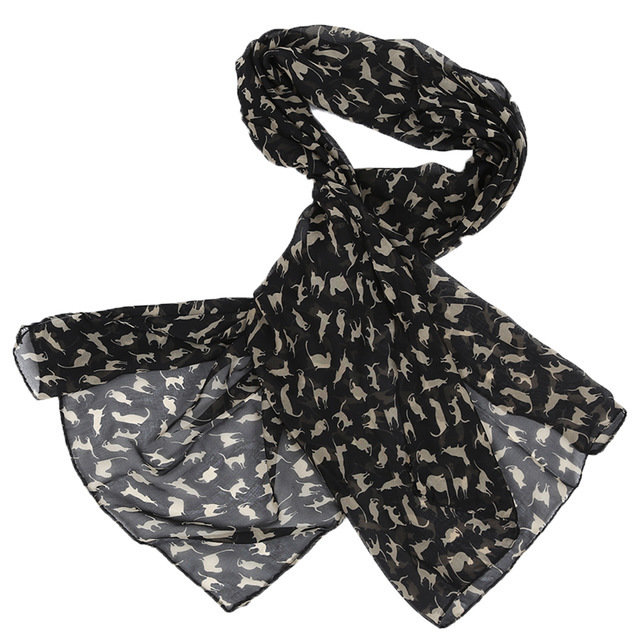 CAT print chiffon scarf - Black with gold print. CAT print chiffon scarf - Black with gold print.