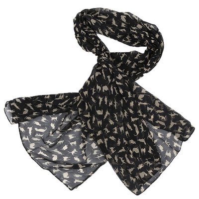 CAT print chiffon scarf - Black with gold print. CAT print chiffon scarf - Black with gold print.