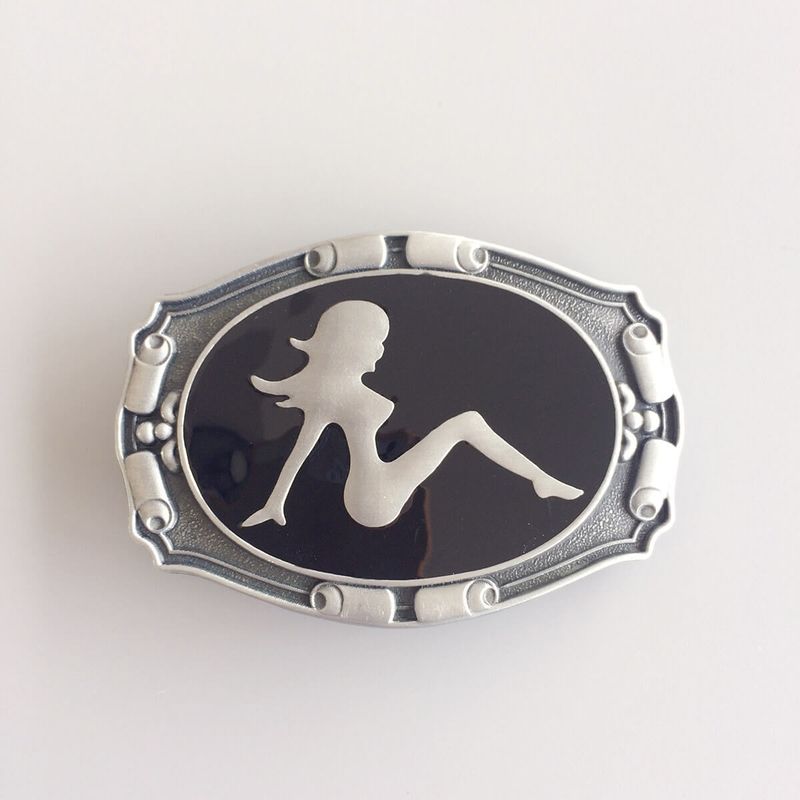 Antique Silver Truck Mud Flap Girl Enamel Belt Buckle Hebilla BUCKLE-CA024