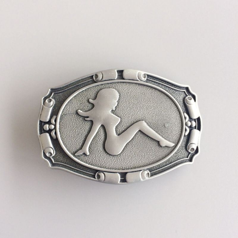 Antique Brushed Silver Truck Mud Flap Girl Biker Rider Belt Buckle BUCKLE-CA024AS