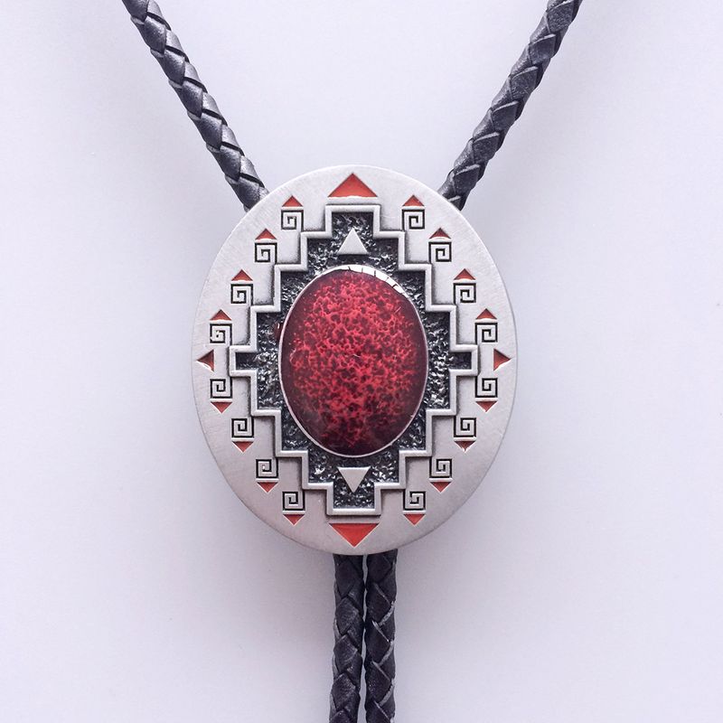 Antique Brushed Silver Southwest Pattern Oval Bolo Tie also Stock in the US BOLOTIE-001
