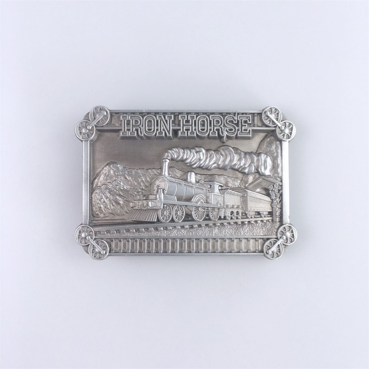 Antique Brushed Silver Iron Horse Train Belt Buckle