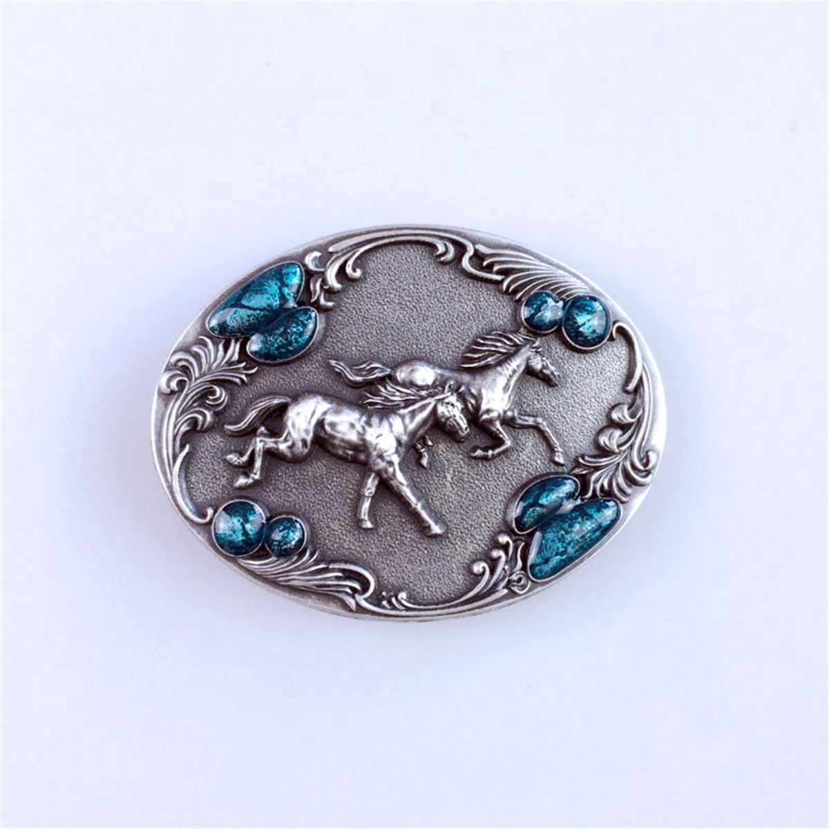 Vintage Silver Plated Western Horses Enamel Oval Belt Buckle