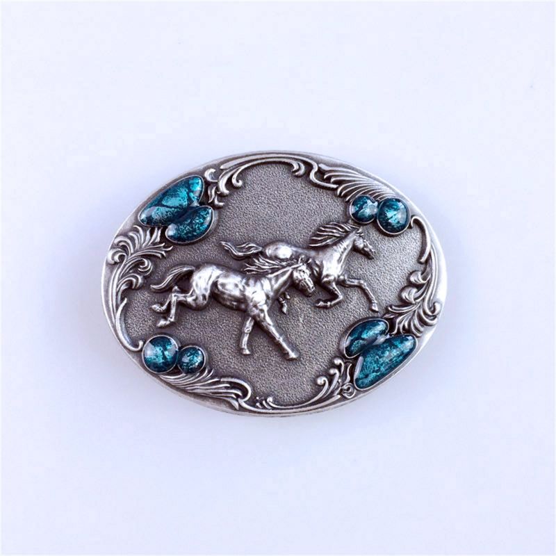 Vintage Silver Plated Western Horses Enamel Oval Belt Buckle BUCKLE-WT053SL
