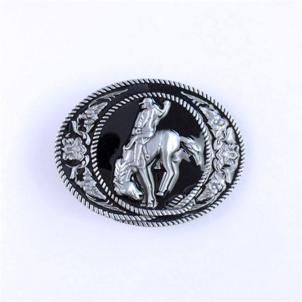 Vintage Enamel Western Horse Rider Oval Belt Buckle