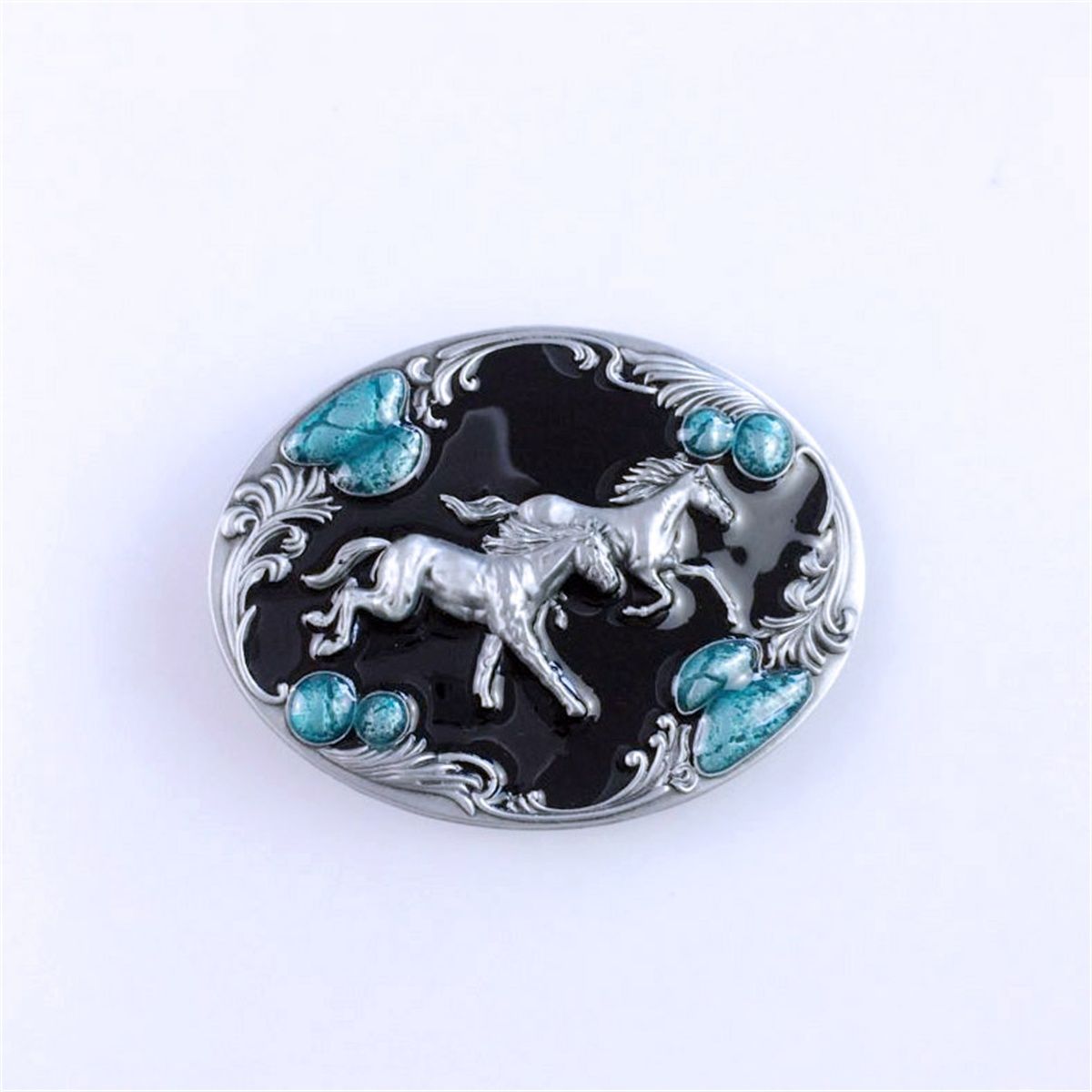 Antique Silver Enamel Western Double Running Horses Oval Belt Buckle