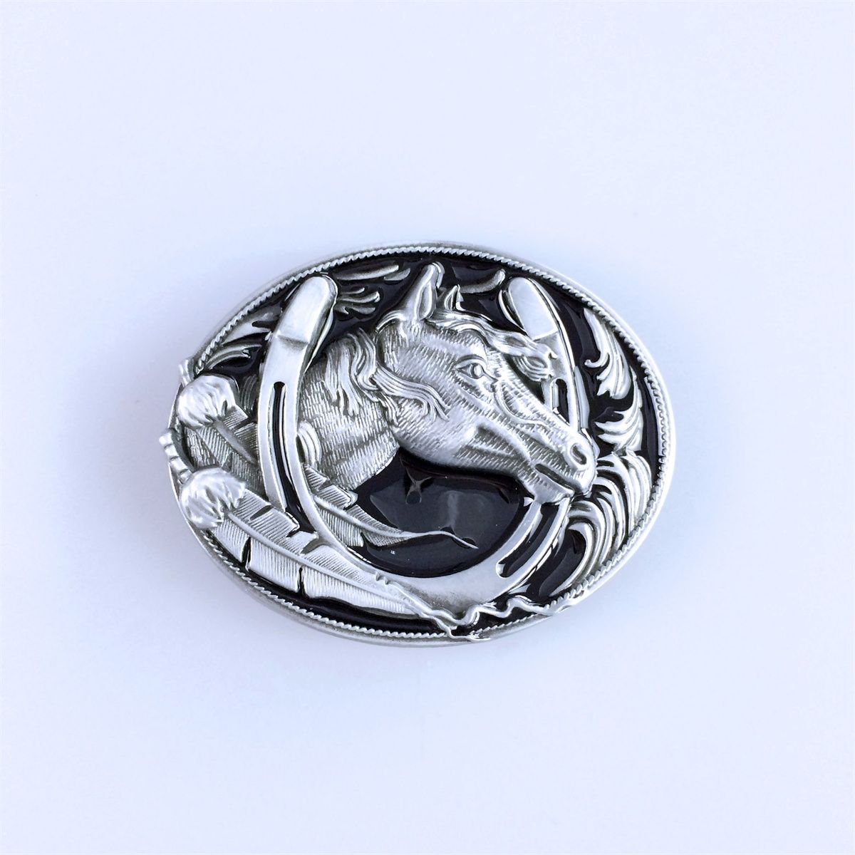 Antique Silver Black Enamel Horse Horseshoe Oval Belt Buckle
