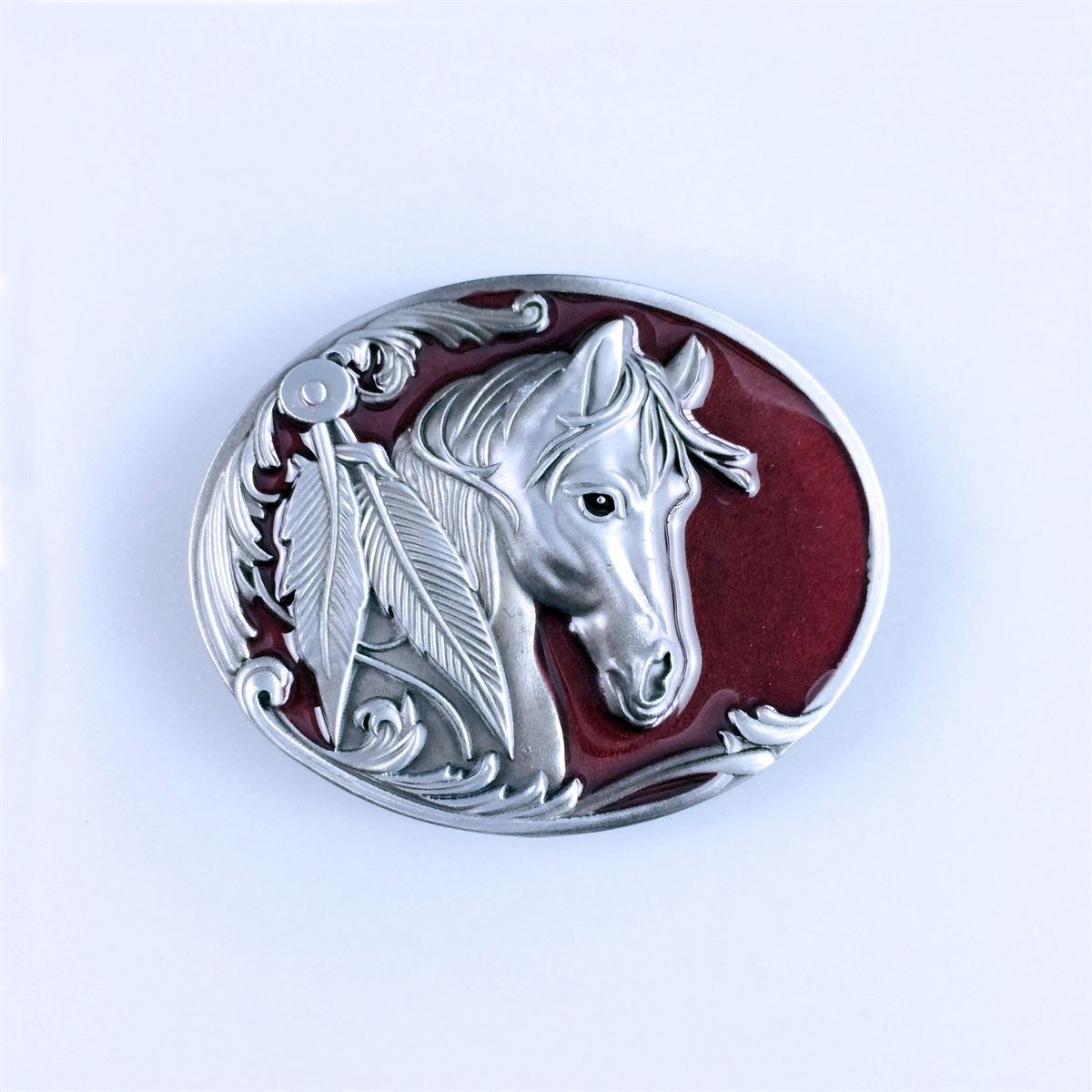 Vintage Style Red Enamel Rodeo Horse Head Western Oval Belt Buckle