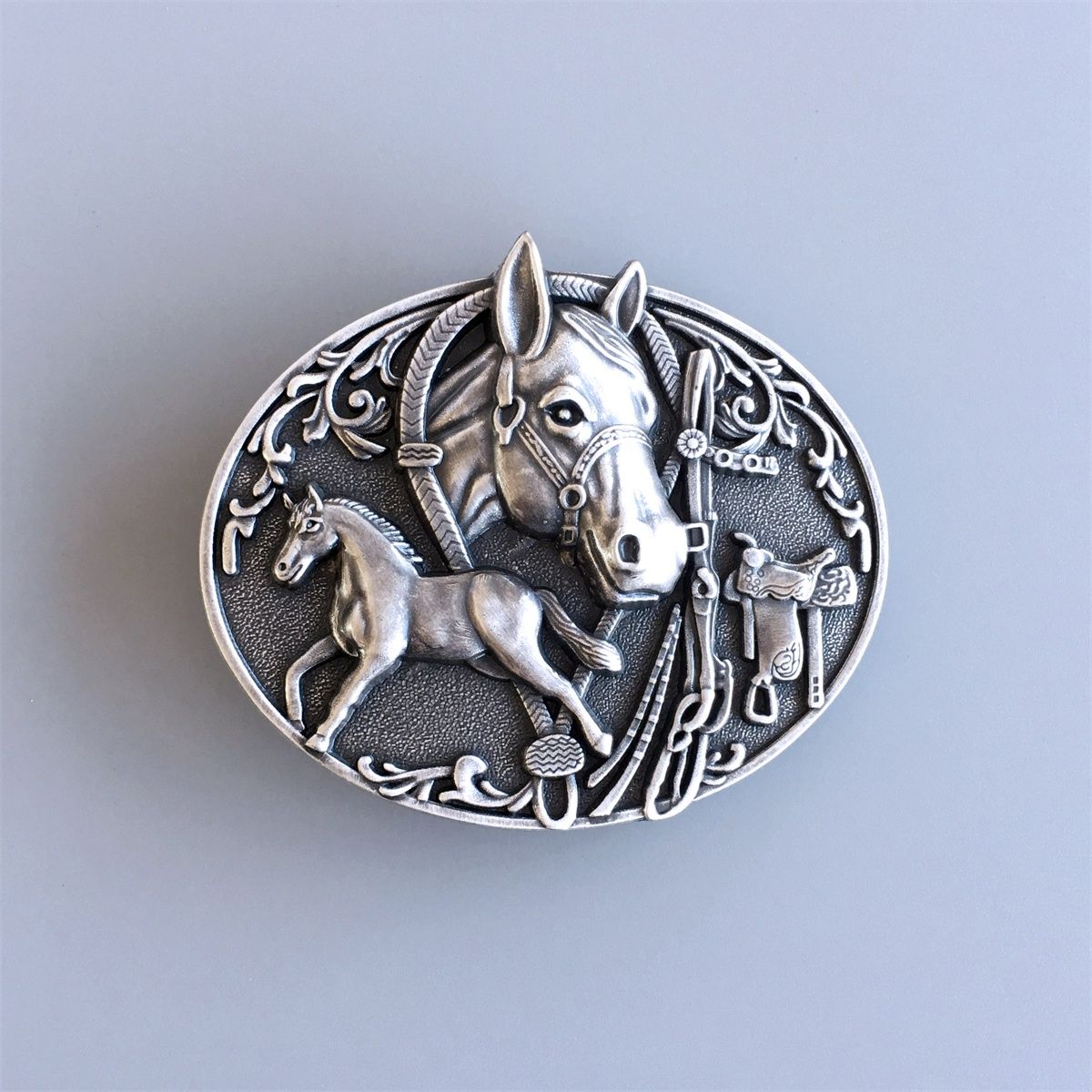 Vintage Silver Plated Horse Saddle Western Cowboy Belt Buckle