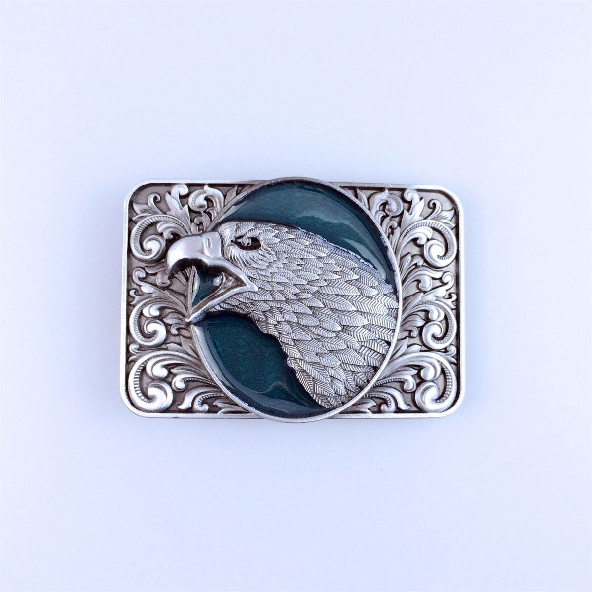 Vintage Lake Blue Enamel Eagle Head Western Belt Buckle