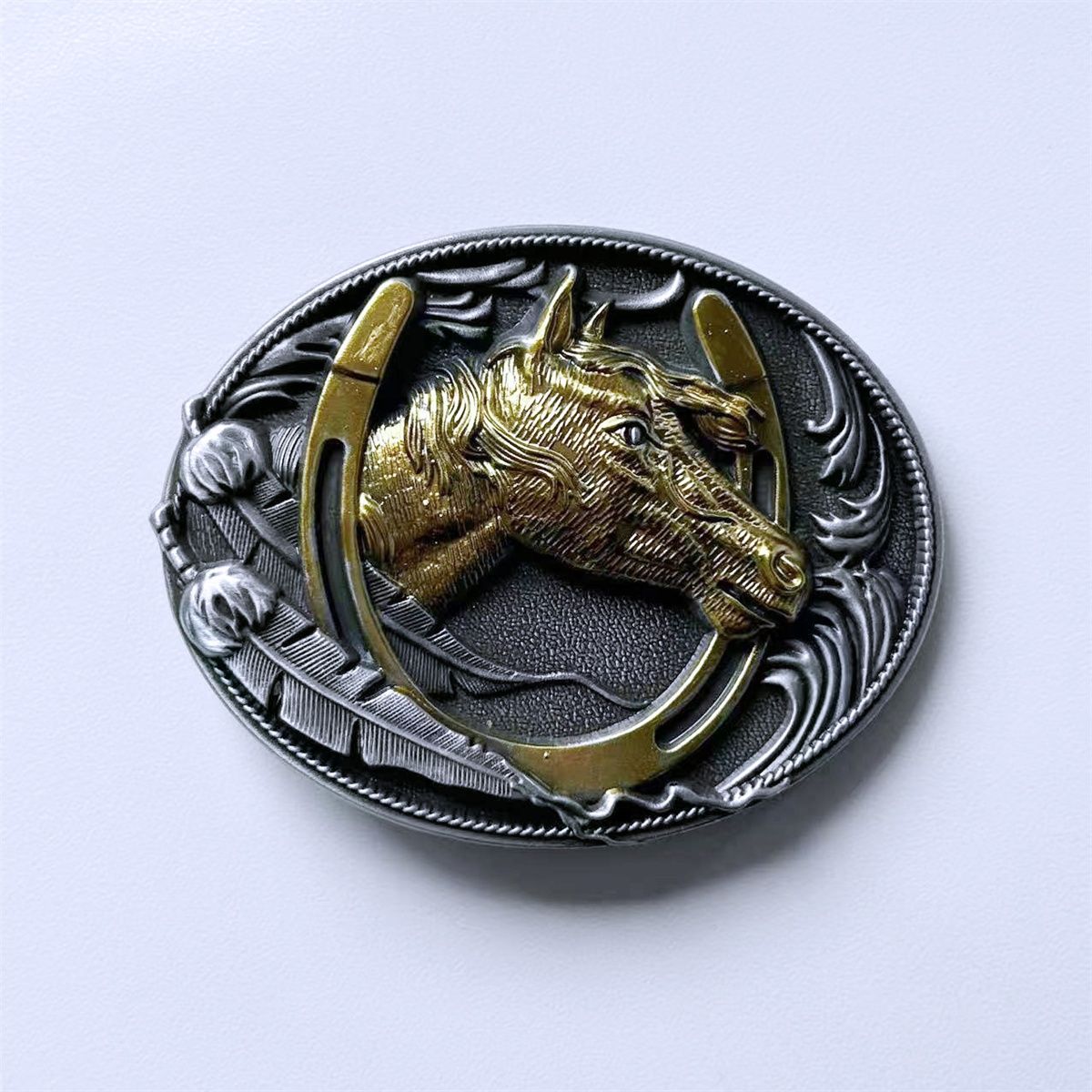 Vintage Style Enamel Gold Western Horse Horseshoe Belt Buckle