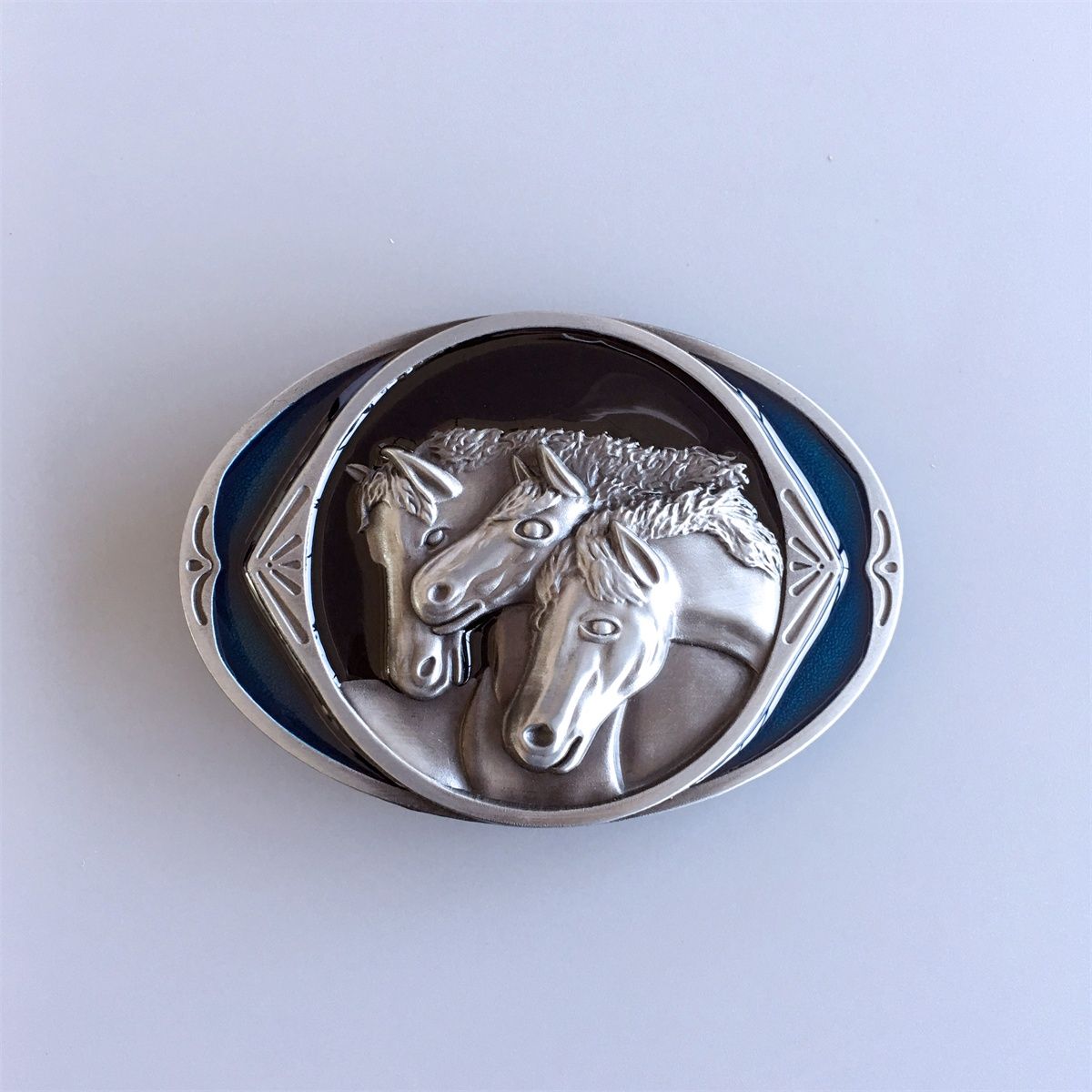 Vintage Style Blue Enamel Three Horses Western Oval Belt Buckle
