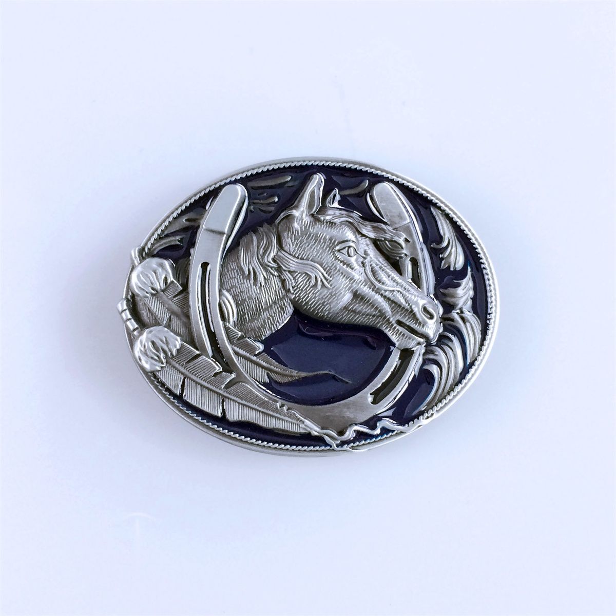 Antique Silver Blue Enamel Western Horse Horseshoe Oval Belt Buckle