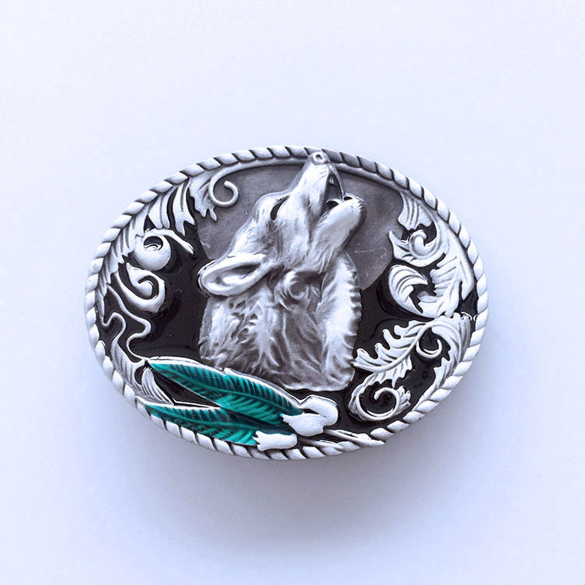 Vintage Style Green Leaf Enamel Western Wolf Oval Belt Buckle