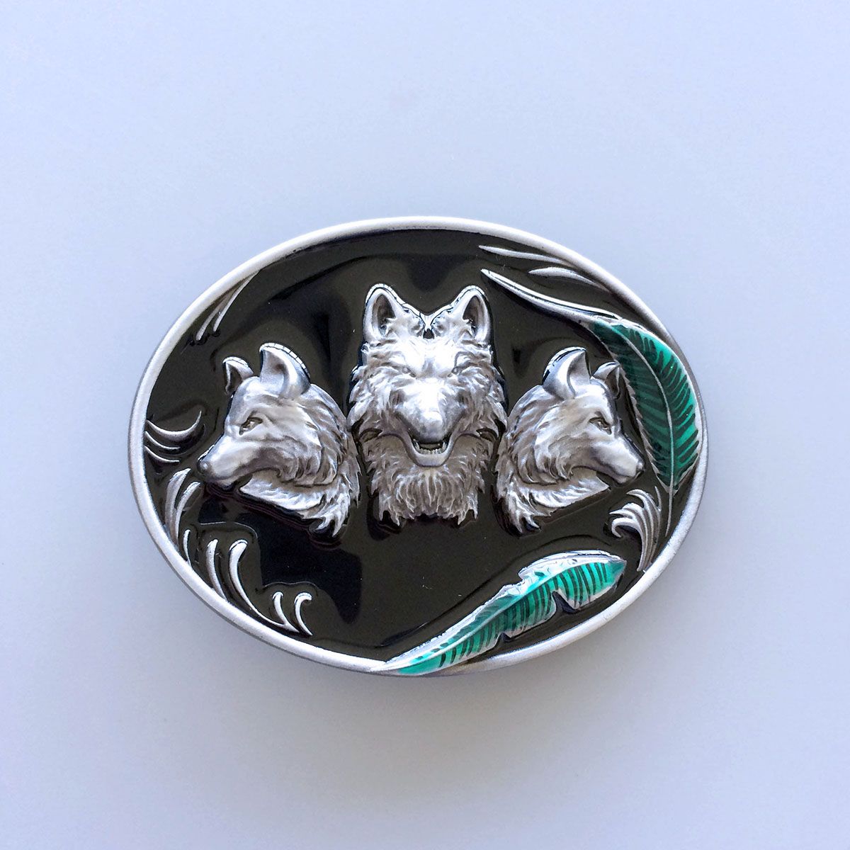 Vintage Green Leaf Western Wolves Enamel Oval Belt Buckle