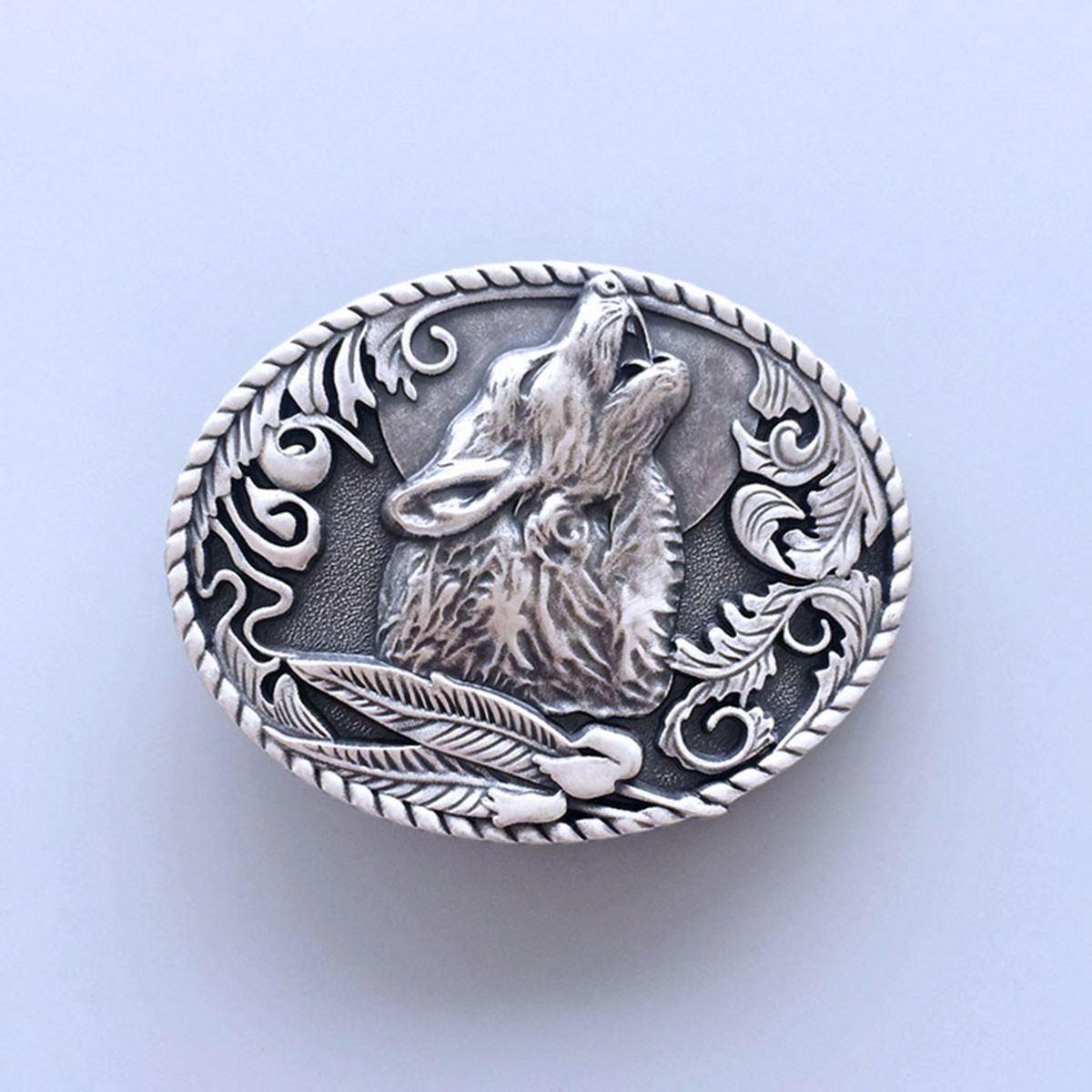 Vintage Silver Plated Western Shout Wolf Oval Belt Buckle