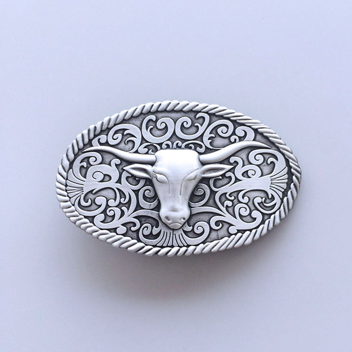 Antique Silver Longhorn Bull Western Oval Belt Buckle