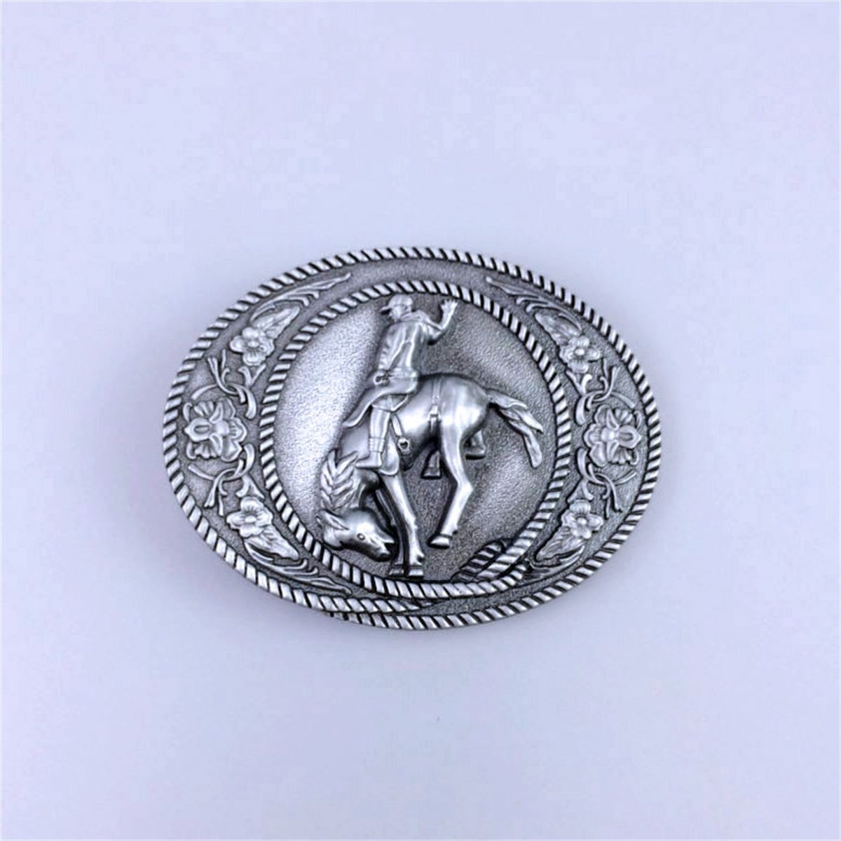 Antique Brushed Silver Western Horse Rider Oval Belt Buckle Hebilla