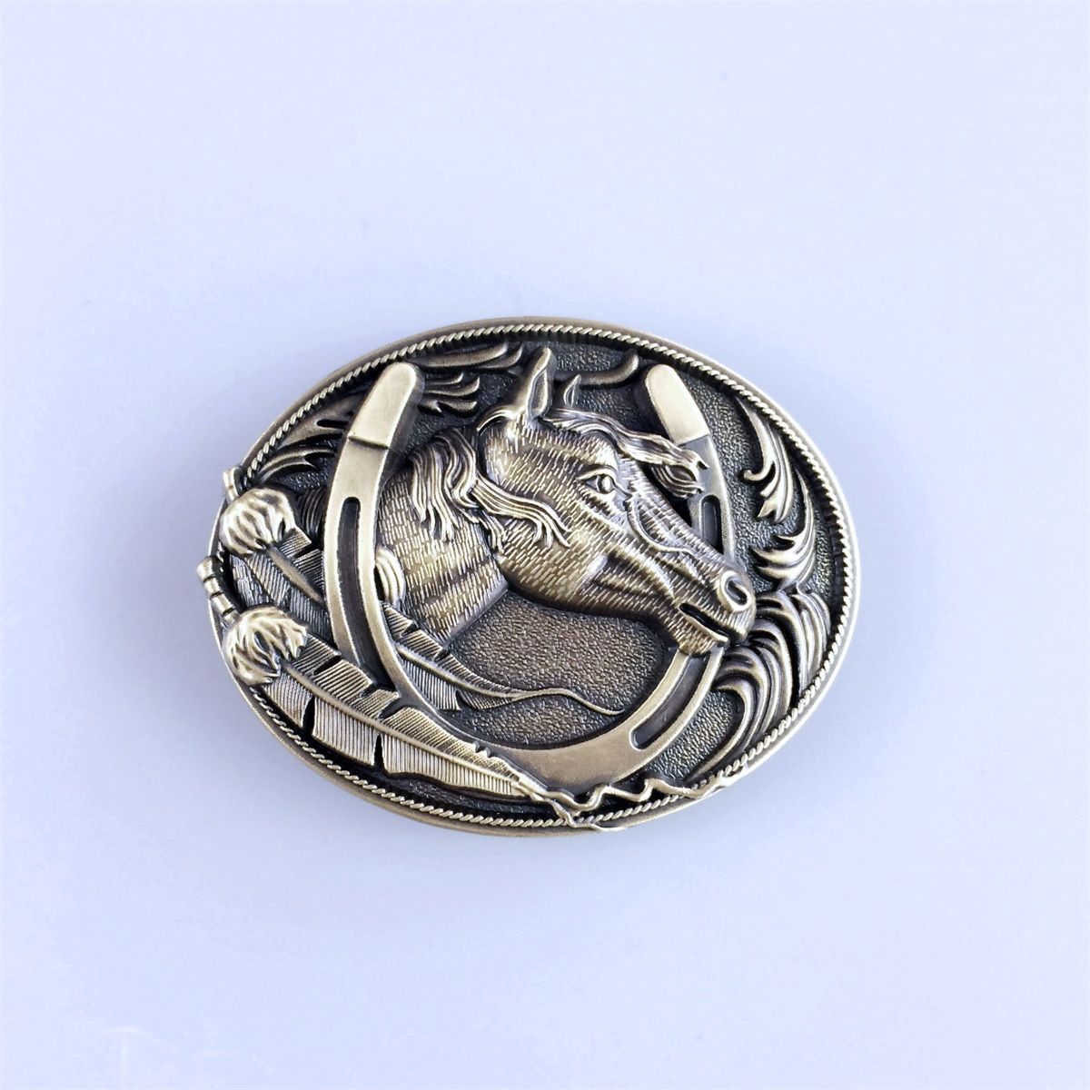 Vintage Bronze Plated Western Horse Horseshoe Oval Belt Buckle