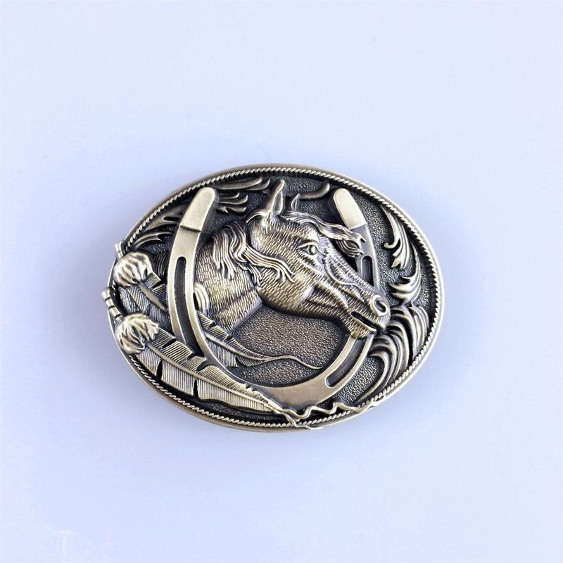 Vintage Bronze Plated Western Horse Horseshoe Oval Belt Buckle BUCKLE-WT058AB