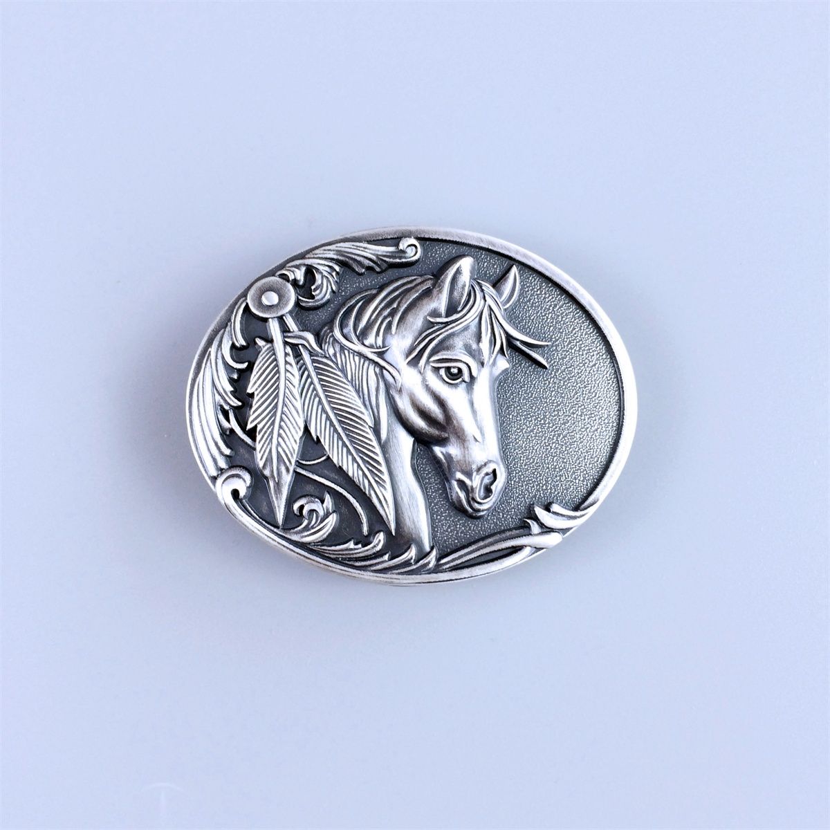 Vintage Silver Plated Rodeo Horse Head Western Oval Belt Buckle