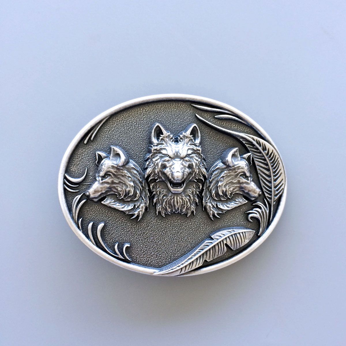 Vintage Silver Plated Western Wolves Oval Belt Buckle