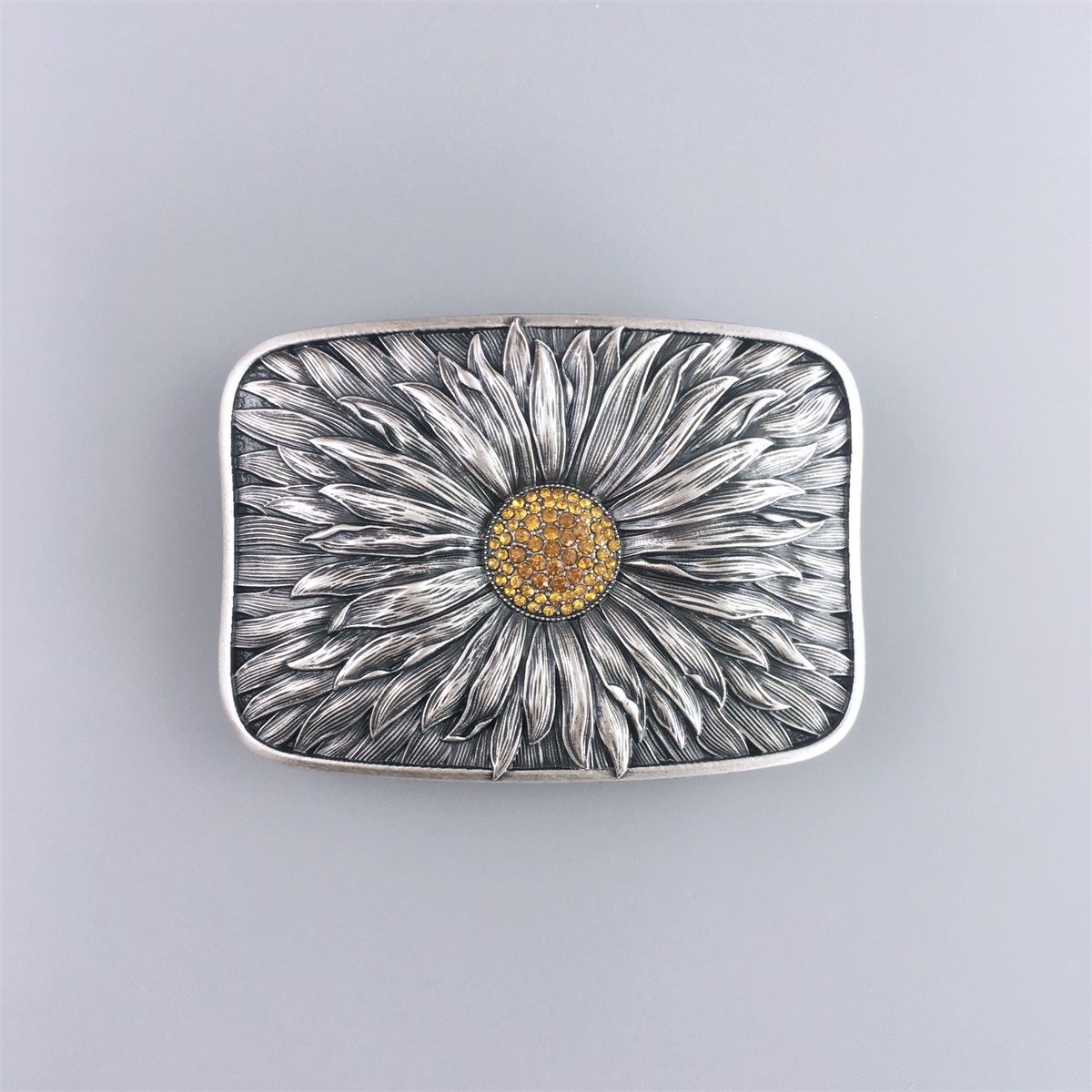 Vintage Silver Plated Rhinestones Blooming Daisy Bling Belt Buckle