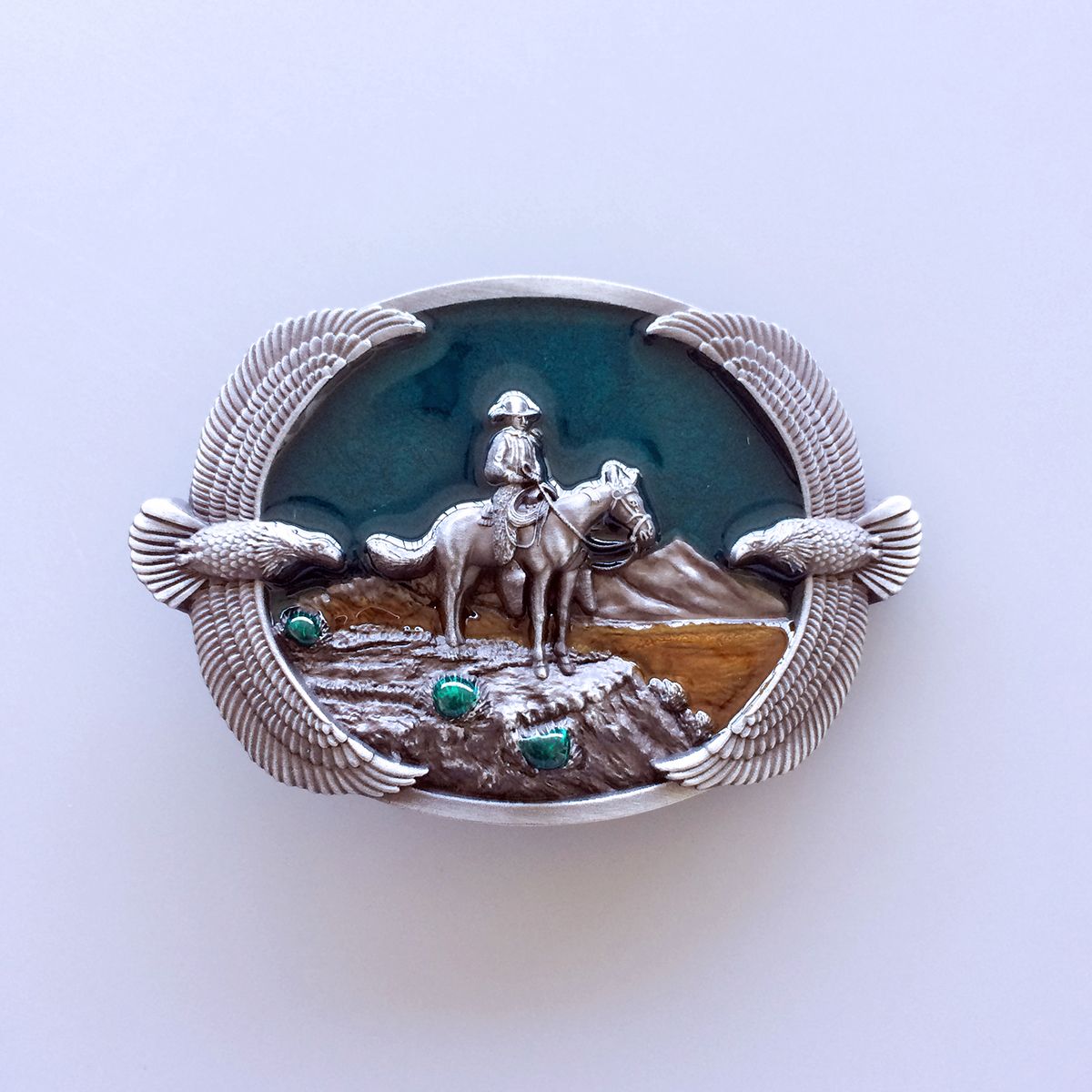 Vintage Enamel Cowboy Eagles Western Belt Buckle Hebilla